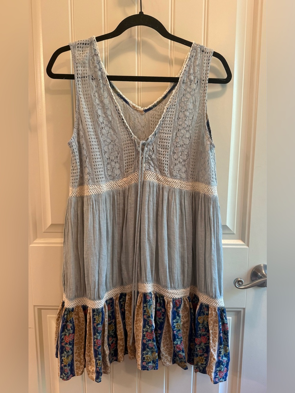 Boho Lace-Trim Sleeveless Tunic Dress - Light Blue